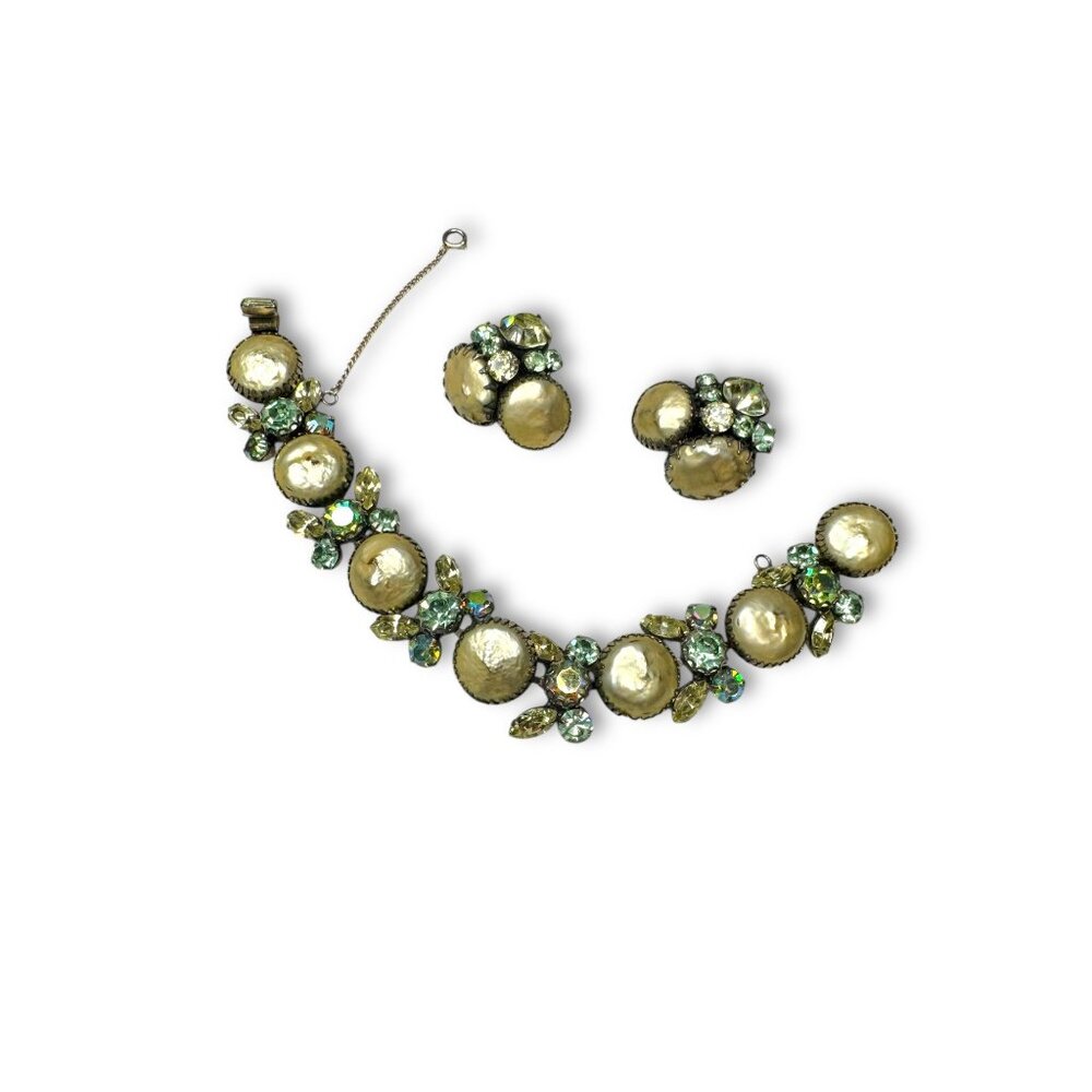 Regency Bracelet Earrings Set Faux Pearls Green Rhinestones Silver Tone
